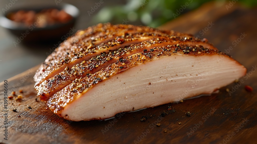 Sliced Smoked Turkey Breast on Wooden Board Sliced Smoked Turkey Breast on Wooden Board