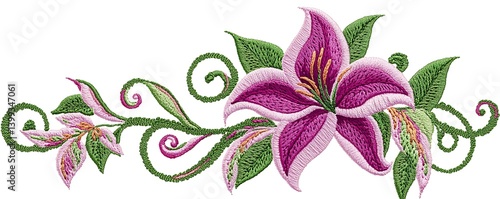 Embroidered Lilies with Leaves & Vines. Decorative design element, can be used for graphic design