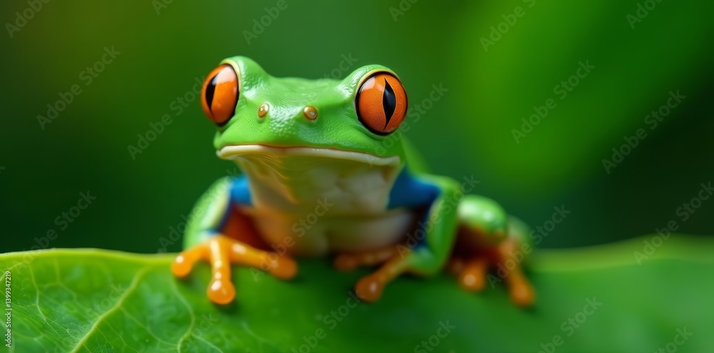 White lipped tree frog camouflaged on leaf with beautiful orange eyes, colorful, wildlife, bright White lipped tree frog camouflaged on leaf with beautiful orange eyes, colorful, wildlife, bright