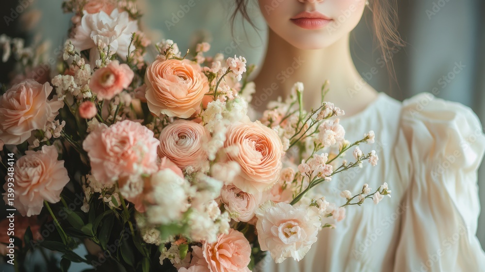 Naklejka premium A serene portrait of a woman holding a bouquet of soft pink flowers, embodying elegance and natural beauty.