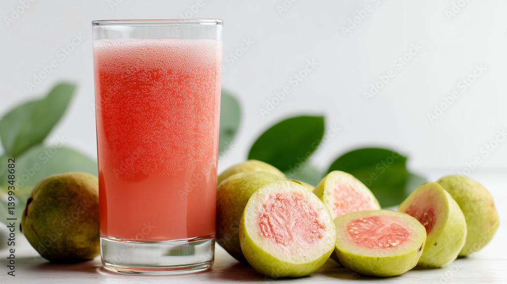 Fresh pink guava juice in tall glass with whole guavas, cut fruits and green leaves on white background Fresh pink guava juice in tall glass with whole guavas, cut fruits and green leaves on white background