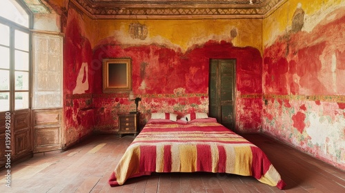 A vibrant red bedroom with antique furnishings in a historic building.