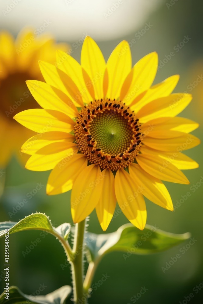 Fototapeta premium A vibrant yellow sunflower in full bloom, bathed in soft sunlight, stands tall against a gently blurred green background, showcasing the intricate details of its petals and the captivating center.