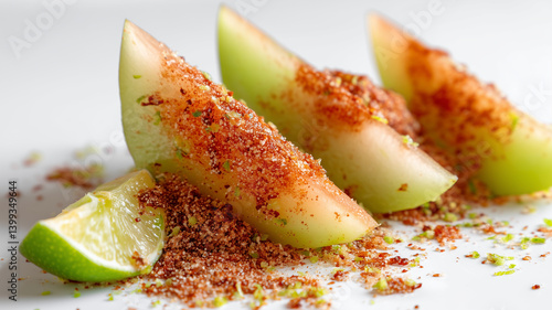 Fresh melon slices with chili powder, lime wedge and green garnish on white plate