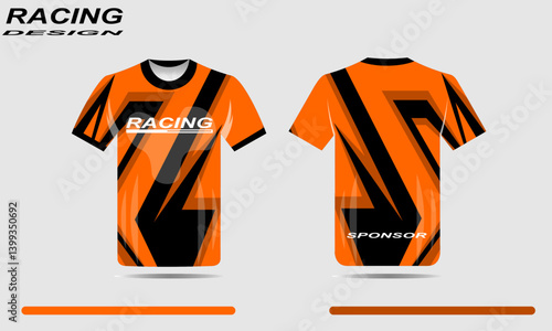 Vibrant orange racing jersey design featuring dynamic black stripes, ideal for sports events or team wear