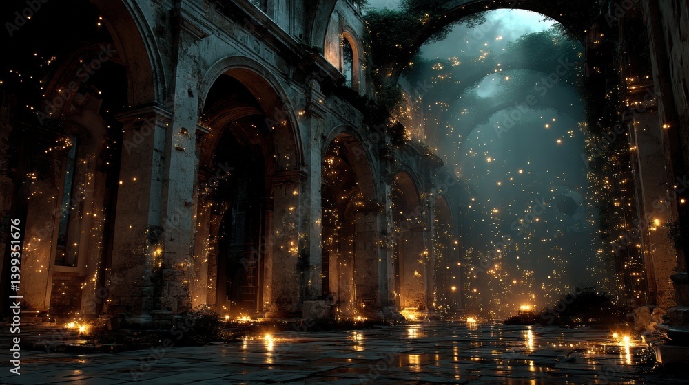 Naklejka premium Majestic Gothic cathedral interior illuminated by the ethereal flickering of numerous candles creating a serene and mystical atmosphere