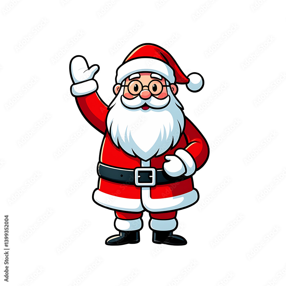 An illustrated Santa Claus character, waving hello with a friendly expression, ready for the holidays. An illustrated Santa Claus character, waving hello with a friendly expression, ready for the holidays.