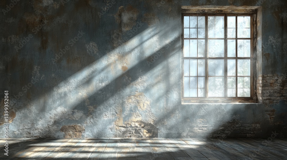 Light streams in through a window, highlighting the textured wall and wooden floor Light streams in through a window, highlighting the textured wall and wooden floor