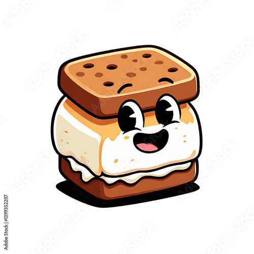 A cheerful cartoon s'more smiles, ready to bring joy with its graham cracker and marshmallow!