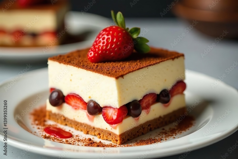 Close-up of a single serving of tiramisu, showing texture and detail , food, single serving, confection Close-up of a single serving of tiramisu, showing texture and detail , food, single serving, confection