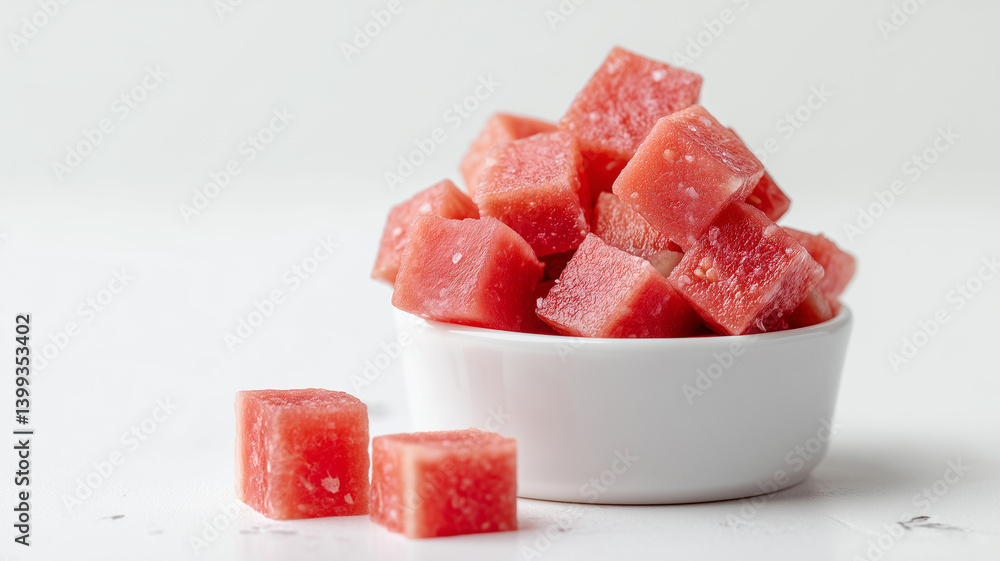Diced watermelon cubes in white bowl with some pieces outside on white background Diced watermelon cubes in white bowl with some pieces outside on white background