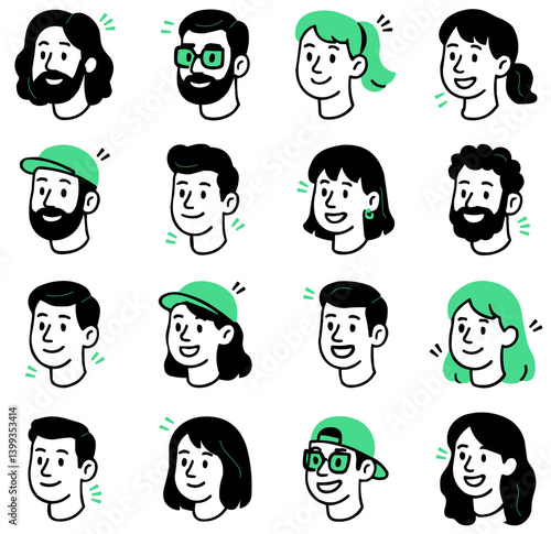 people faces icons set vector illustration outline black and green