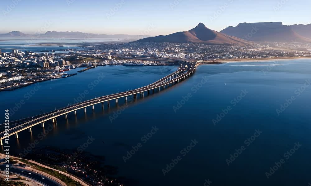 Serene Cape Town view bridge stretching over water, city against mountains in the distance, sunny day Serene Cape Town view bridge stretching over water, city against mountains in the distance, sunny day