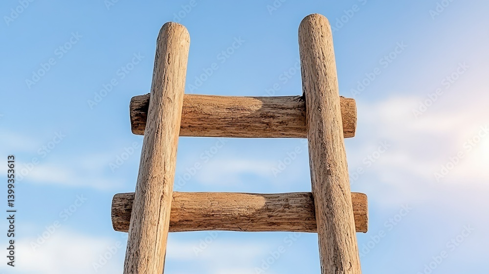 Obraz premium Rustic Wooden Ladder Against Bright Blue Sky