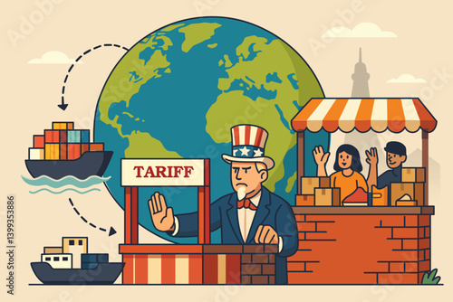 Illustrator concept image about trade war, US tariff hike with China, Uncle Sam raises hand to block and raise tariff on imported goods.