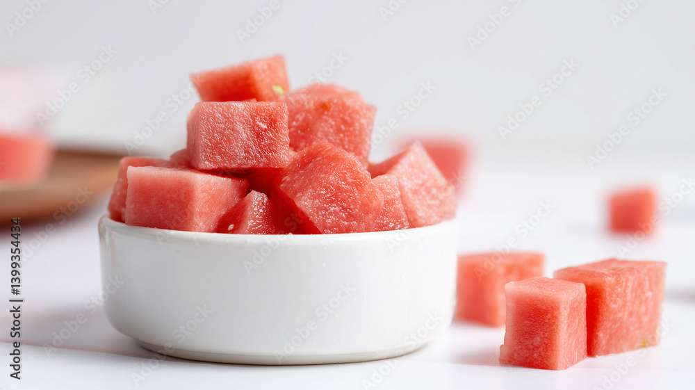 Cubed watermelon pieces in white small bowl on white surface with some scattered cubes around, bright red fruit chunks with visible texture and juiciness Cubed watermelon pieces in white small bowl on white surface with some scattered cubes around, bright red fruit chunks with visible texture and juiciness