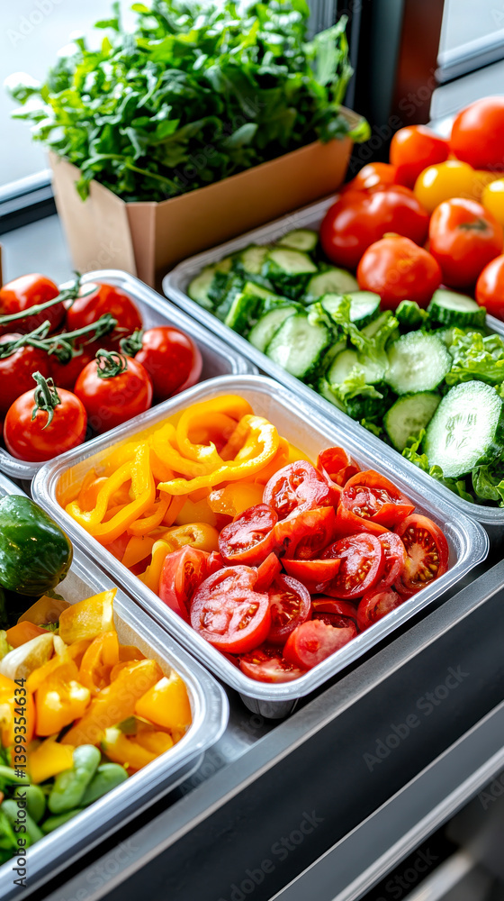 A vibrant assortment of fresh vegetables including tomatoes, cucumbers, peppers, and greens displayed in trays, highlighting healthy eating options. A vibrant assortment of fresh vegetables including tomatoes, cucumbers, peppers, and greens displayed in trays, highlighting healthy eating options.