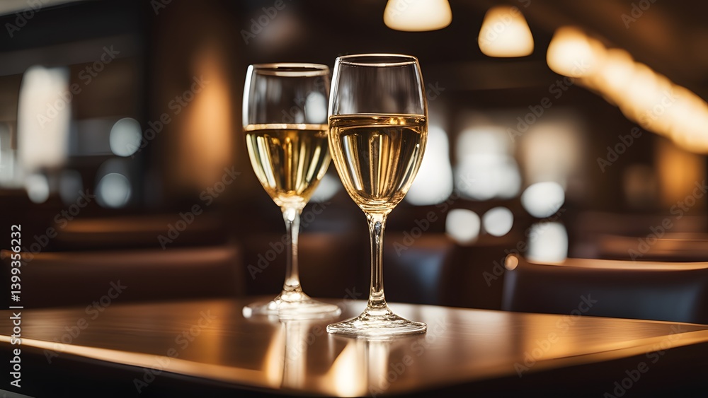 Wine glasses placed neatly on a wooden table in elegant restaurant setting with soft lighting Wine glasses placed neatly on a wooden table in elegant restaurant setting with soft lighting