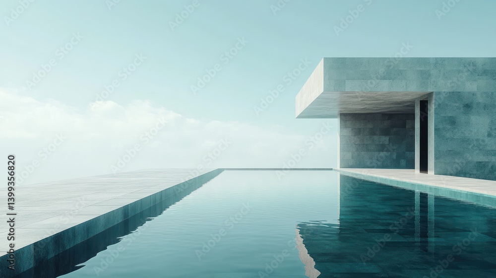 Modern concrete house with pool overlooking a serene landscape. Modern concrete house with pool overlooking a serene landscape.