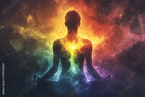 Serene figure in a meditative pose, enveloped in vibrant, cosmic energy. A fusion of calmness and vibrant power.