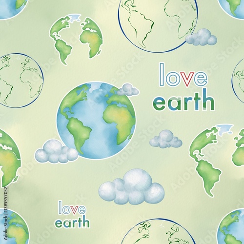 Love earth theme seamless pattern on shade of yellow green background. Watercolor earth or globe with line art. Earth day illustration on pattern for paper, fabric and background.