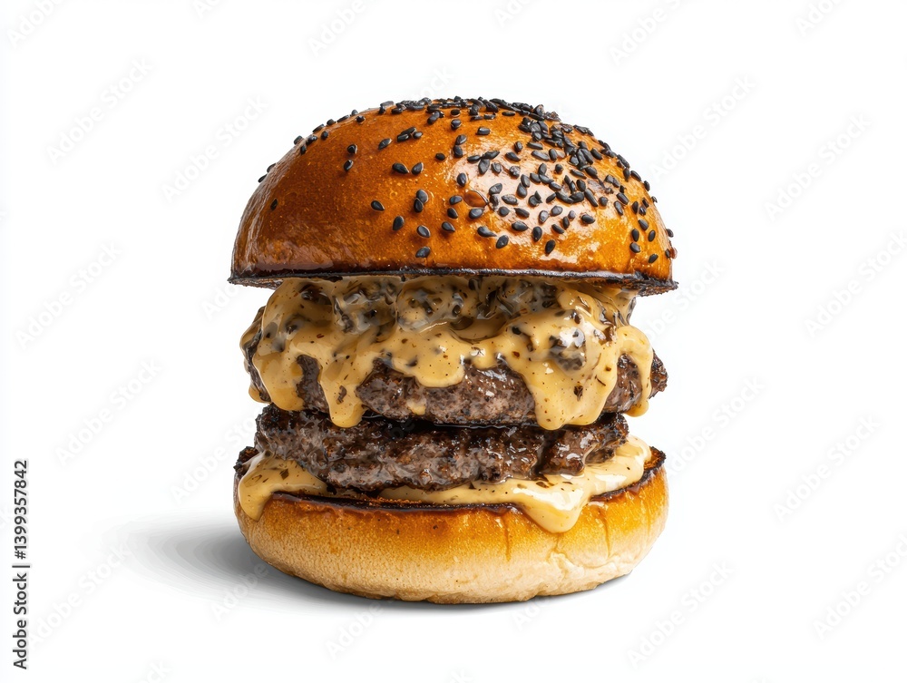Delicious double cheeseburger stacked with tasty meat patties dripping with savory cheese on white backdrop Delicious double cheeseburger stacked with tasty meat patties dripping with savory cheese on white backdrop