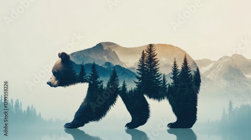 Creative bear walking through a lush landscape of pine trees and layered mountains in a double exposure nature concept