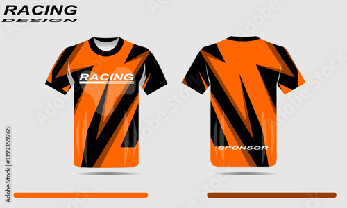Vibrant racing jersey design featuring bold orange and black patterns, suitable for sports events