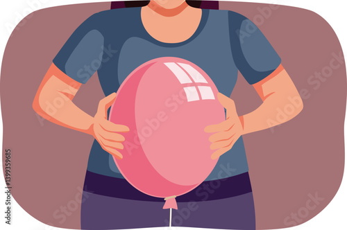 Bloated Person Holding a Balloon Concept Vector Illustration. Woman with a painful abdomen from gas and constipation 
