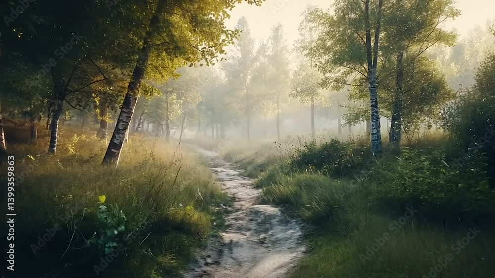 Sunlit path winding through a misty, verdant forest Sunlit path winding through a misty, verdant forest