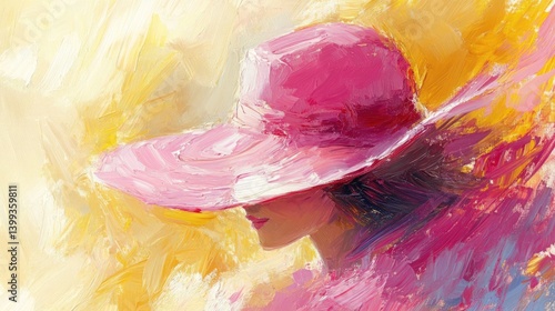 Impressionistic portrait of a woman in a pink hat