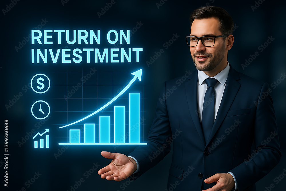 businessman in suit presenting digital return on investment chart with holographic bar graph showing financial growth metrics profit analysis and strategic business performance insights businessman in suit presenting digital return on investment chart with holographic bar graph showing financial growth metrics profit analysis and strategic business performance insights