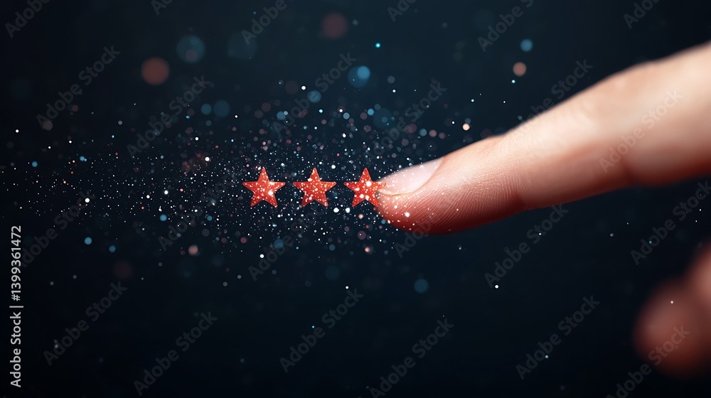 Finger Pointing to Three Red Stars with Sparkling Effects on a Dark Background, Symbolizing Feedback