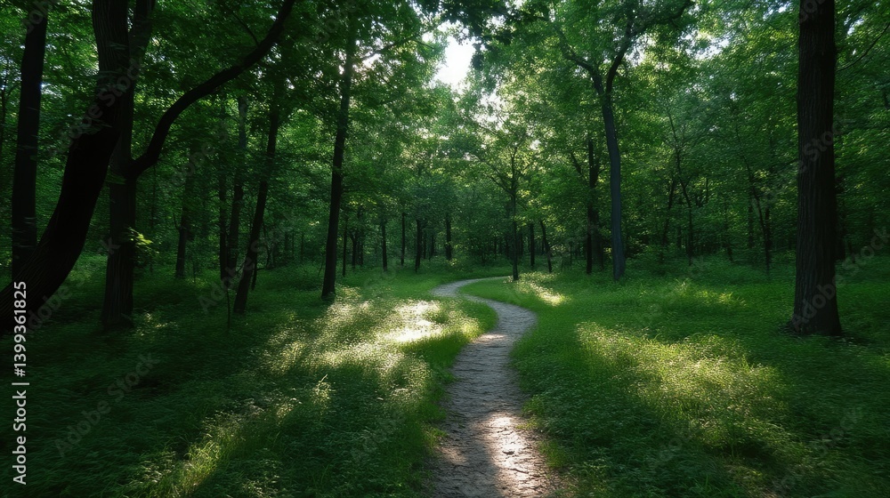 Obraz premium Sunlit Forest Trail Winding Through Lush Green Trees