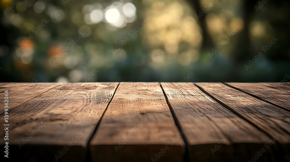 Rustic Wooden Tabletop Against a Blurred Green Background Rustic Wooden Tabletop Against a Blurred Green Background
