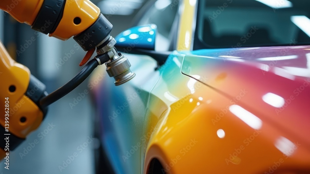 A robotic arm applies spray paint to a sleek car body, with vibrant colors flying through the air, reflecting modern automotive technology in action.