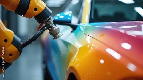 Obraz na płótnie A robotic arm applies spray paint to a sleek car body, with vibrant colors flying through the air, reflecting modern automotive technology in action. w salonie