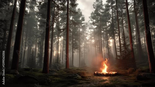 Campfire in a Misty Forest