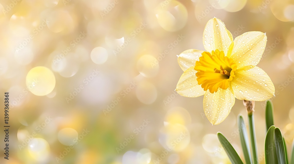 Fototapeta premium Single daffodil portrait with bokeh light spots shining for Easter seasonal greeting card