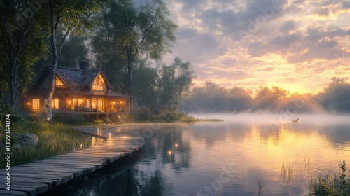 Wallpaper Mural A serene lakeside cabin at sunset, surrounded by trees, reflecting on the water's surface, creating a peaceful atmosphere. Torontodigital.ca