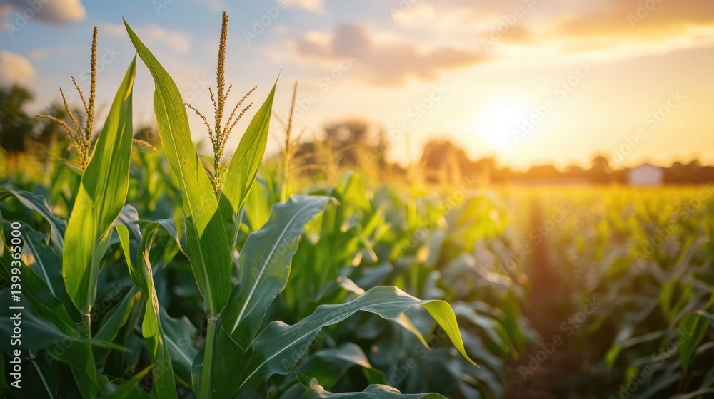 green corn field or maize field at agriculture farm in the morning sunrise