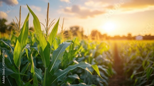Obraz na płótnie green corn field or maize field at agriculture farm in the morning sunrise w salonie
