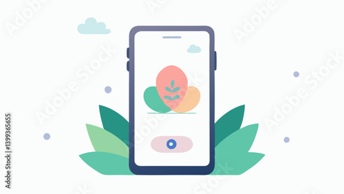 Mindfulness App Interface A smartphone screen displaying a calming meditation interface with soft shapes and pastel colors along with a Start Meditation button.