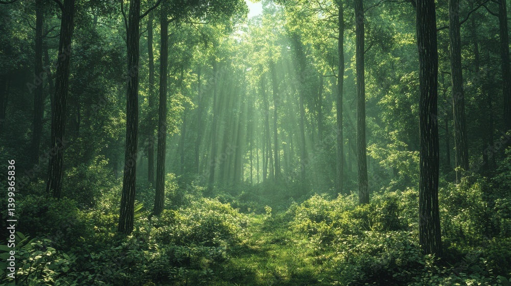 Obraz premium A serene forest scene with sunlight filtering through tall trees, creating a peaceful atmosphere filled with lush greenery.