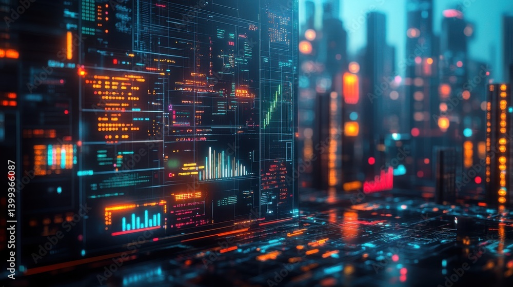 A futuristic digital landscape showcasing glowing data visualizations and city silhouettes with vibrant colors and advanced technology elements. A futuristic digital landscape showcasing glowing data visualizations and city silhouettes with vibrant colors and advanced technology elements.