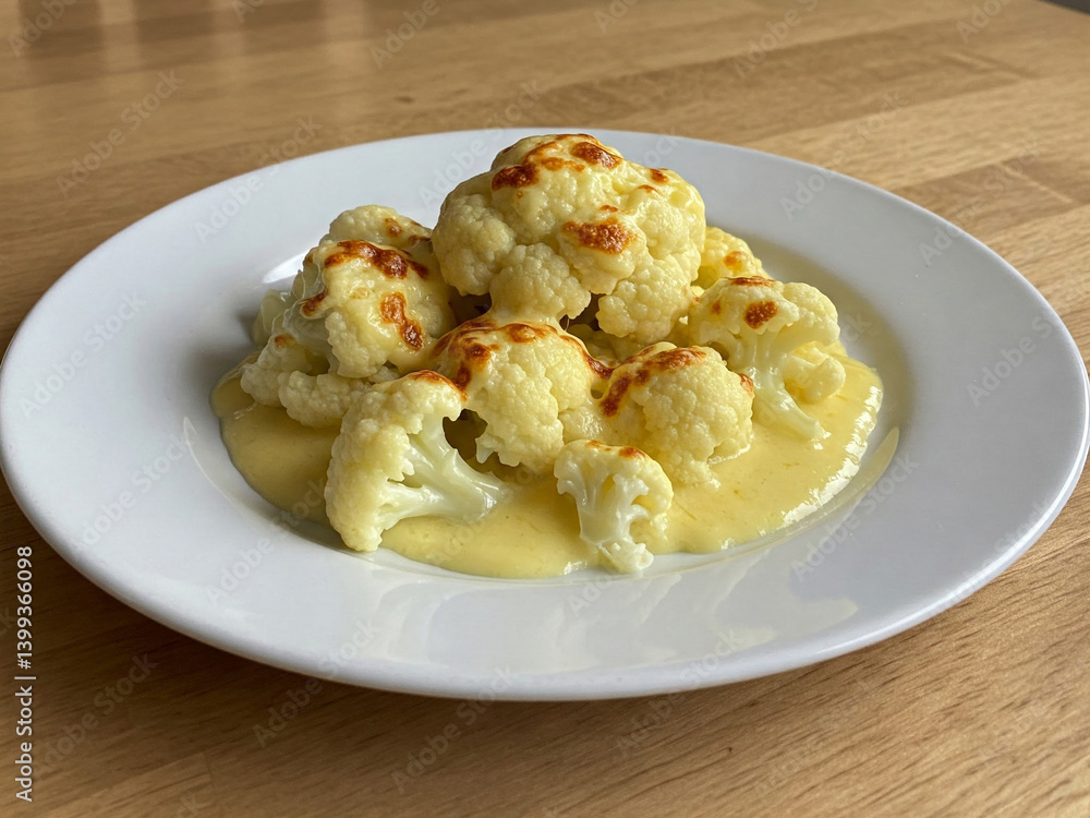 Cauliflower Cheese, a British Food on a white plate. Cauliflower Cheese, a British Food on a white plate.