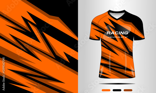 Dynamic racing jersey design featuring bold orange and black zigzag patterns, suitable for sports
