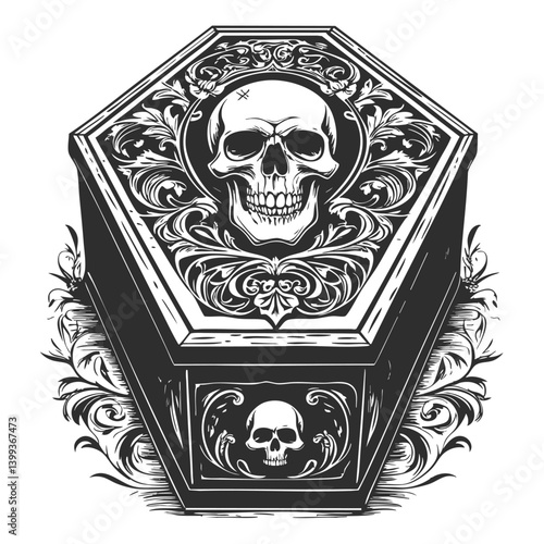 Black and white coffin with a skull and crossbones, perfect for Halloween decorations. Imitation of scratchboard engraving