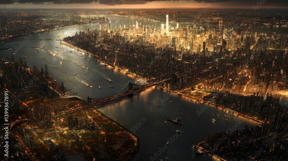 Fototapeta premium Night cityscape, river, bridge, illuminated buildings