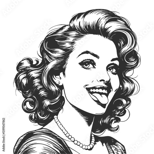 Black and white sketch of a woman with curly hair and a pearl necklace. Ideal for fashion magazines and beauty blogs. AI generative vector illustration. Imitation of scratchboard engraving.